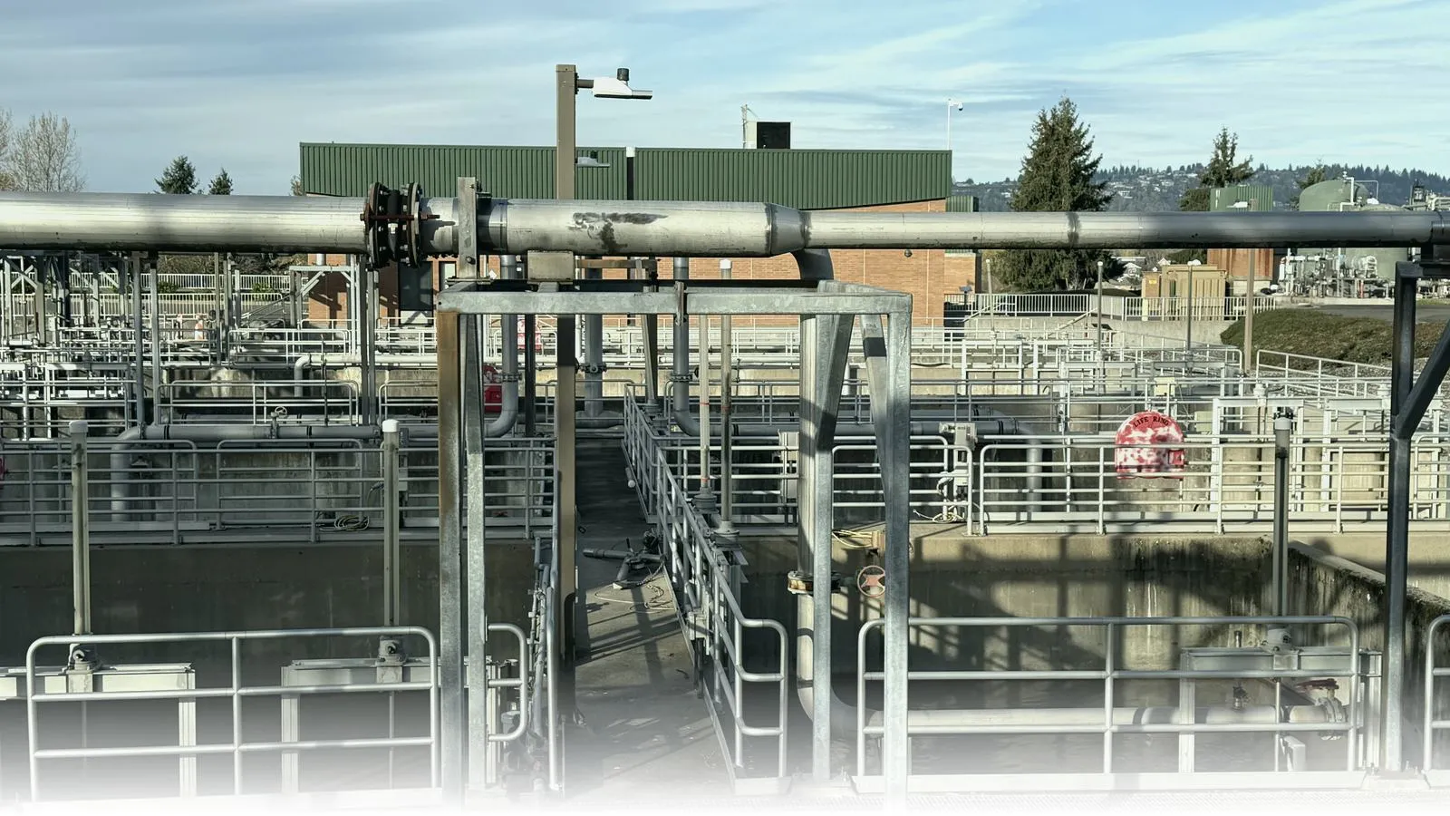 Overhead view of the activated-sludge aeration basins and overhead piping at the City of Gresham, Oregon wastewater treatment plant